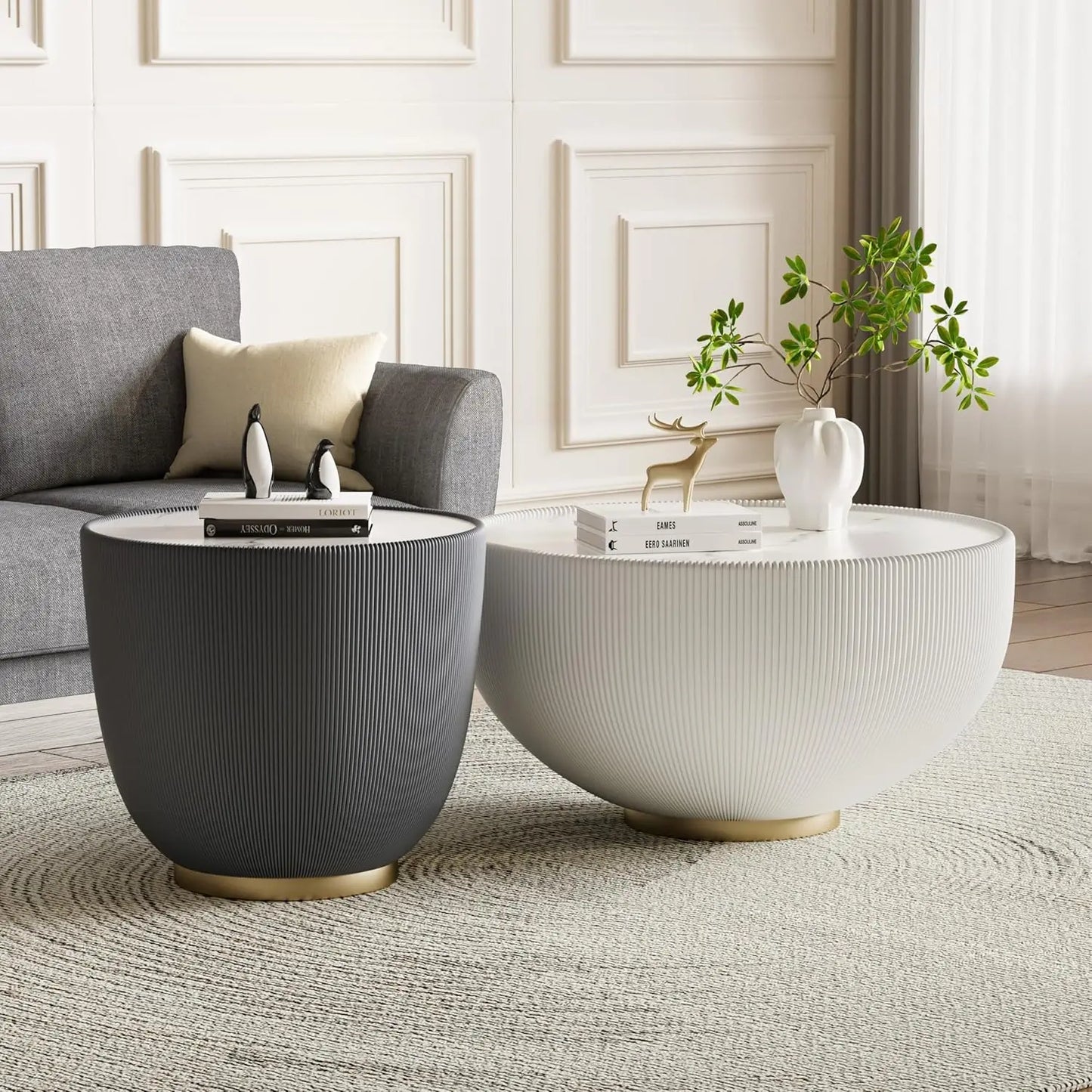 Round Grey 2-Piece Coffee Table Set 29.5in & 17.7in Sintered Stone Top Fluted PU Leather Base Living Room, Customized