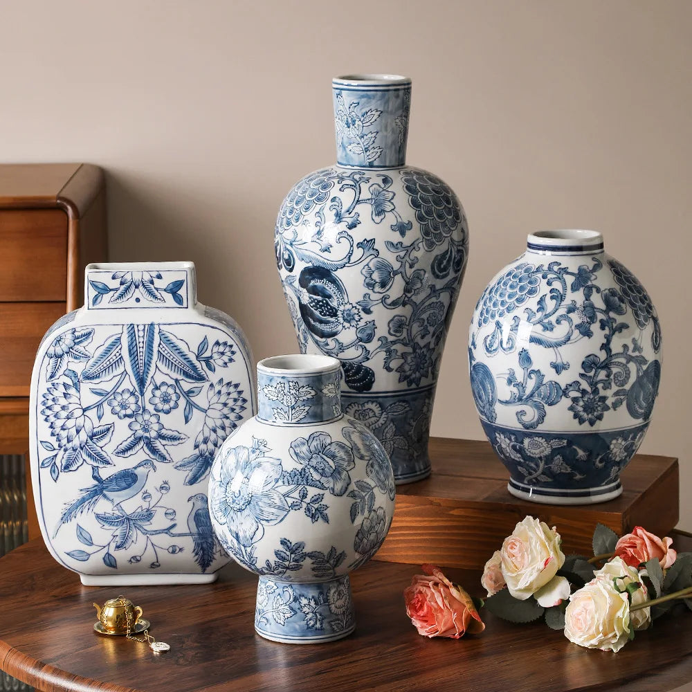 Blue and White Porcelain Retro Vase Ceramic Painted Flower Potted Plant Floral Hydroponic Vase Crafts Decoration Indoor Ornament