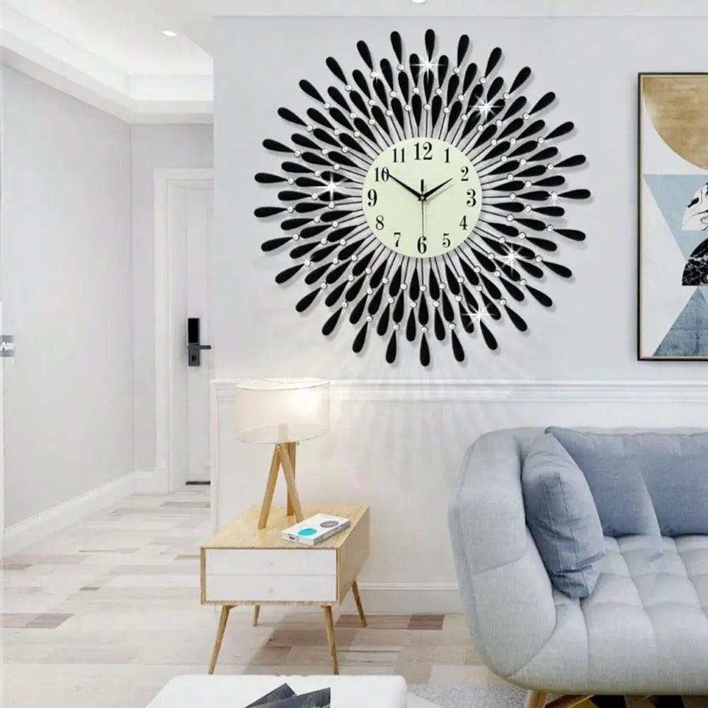27 Inch Luxury Large Wall Clock For Living Room Decor Non-Ticking Quiet Decorative Metal Crystal Wall Clocks Modern Bling Big D
