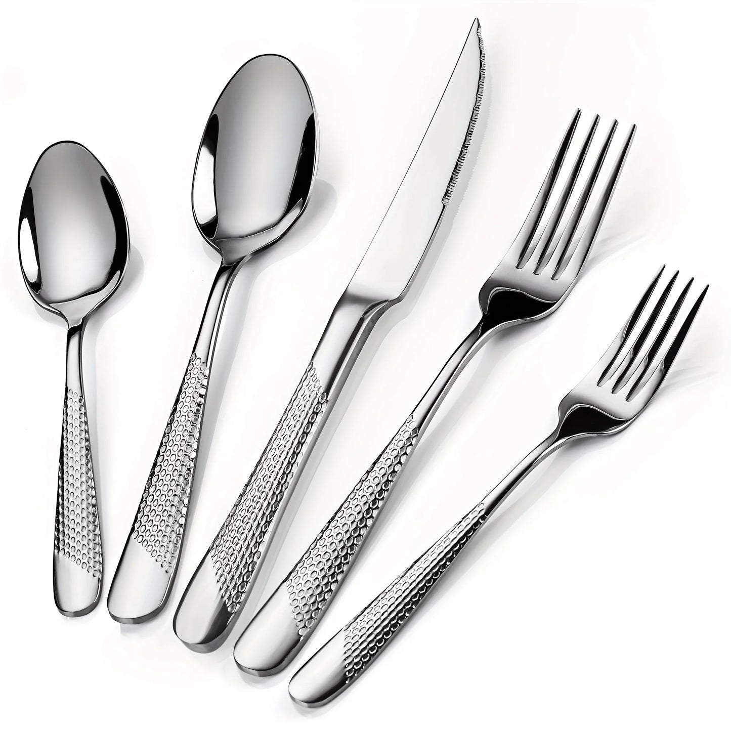 Stainless Steel Flatware Utensil Set With Ultra Sharp 2-IN-1 Serrated Knife, 40/48pcs Modern Hammered Silverware Set For 8, Mirror Polished, And Dishwasher Safe