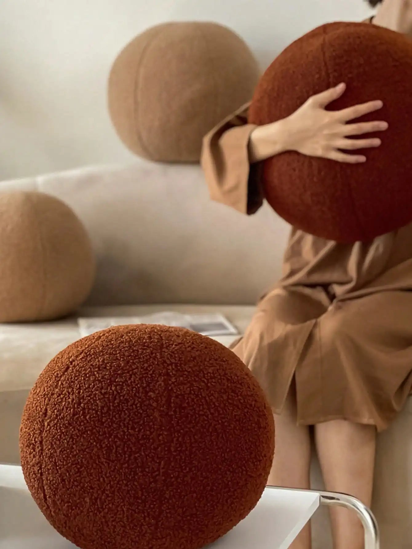 1pc Nordic Style Spherical Cushion Soft Fluffy Cushion Solid ColorPlush Sofa Throw Pillows Chair For Living Room
