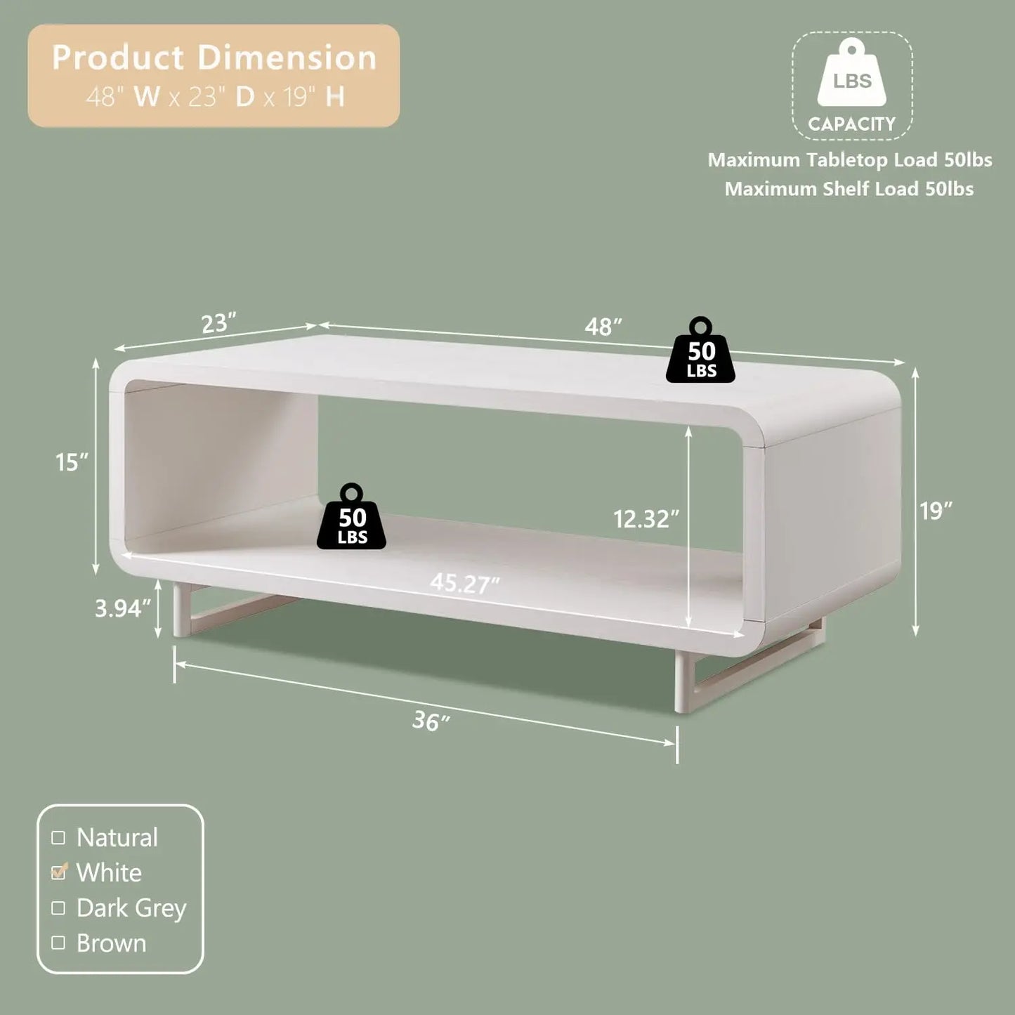 48" Modern Coffee Table, 2-Tier Minimalist Center Table with Storage Shelf, Curved Profile Design, Wooden, Customized