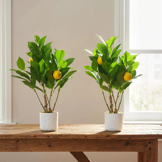 2 Pcs Artificial Lemon Tree 19.7" Fake Artificial Potted Plants Faux Lemon Tree with Pot Faux Plants Indoor for Home Kitchen