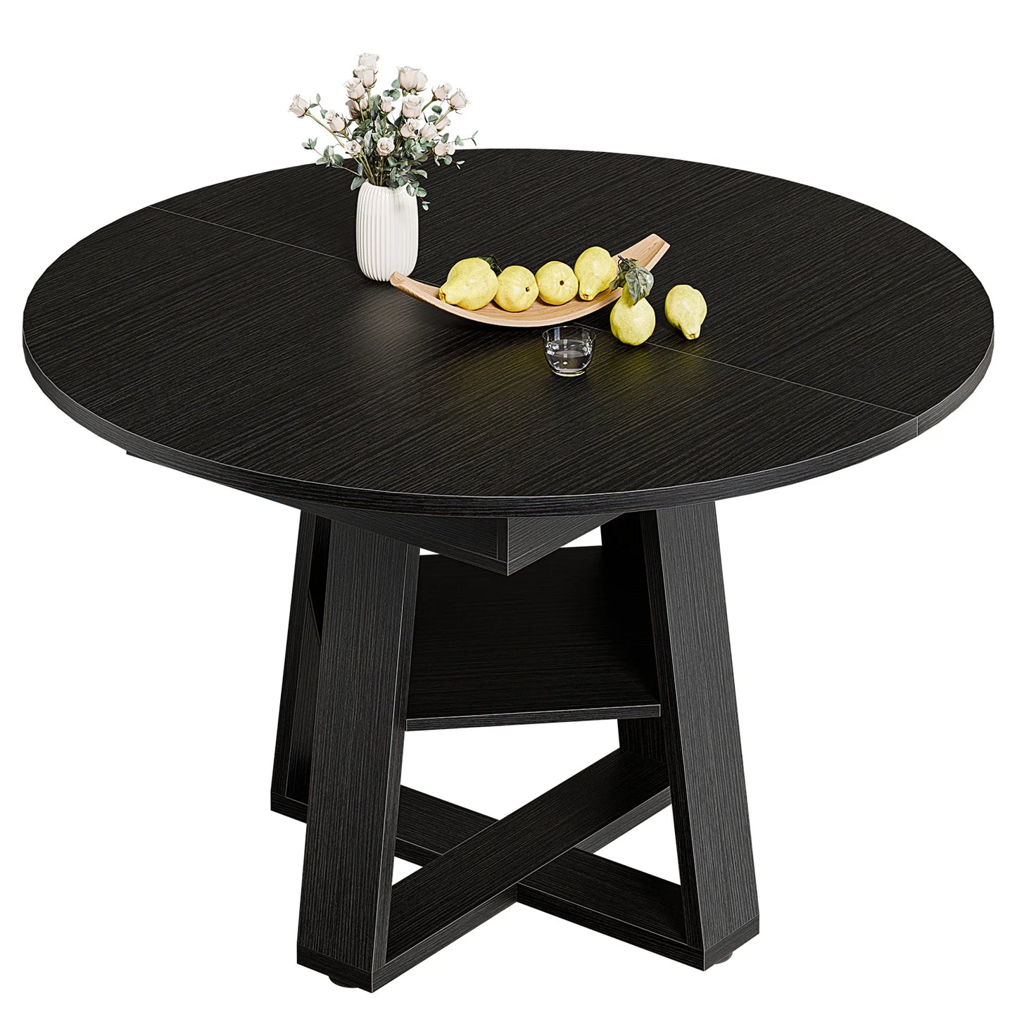 JHK Extendable Wood Round Dining Table Modern Kitchen Oval Dinner Table with Storage Shelf Pedestal Base Space Saving For Home