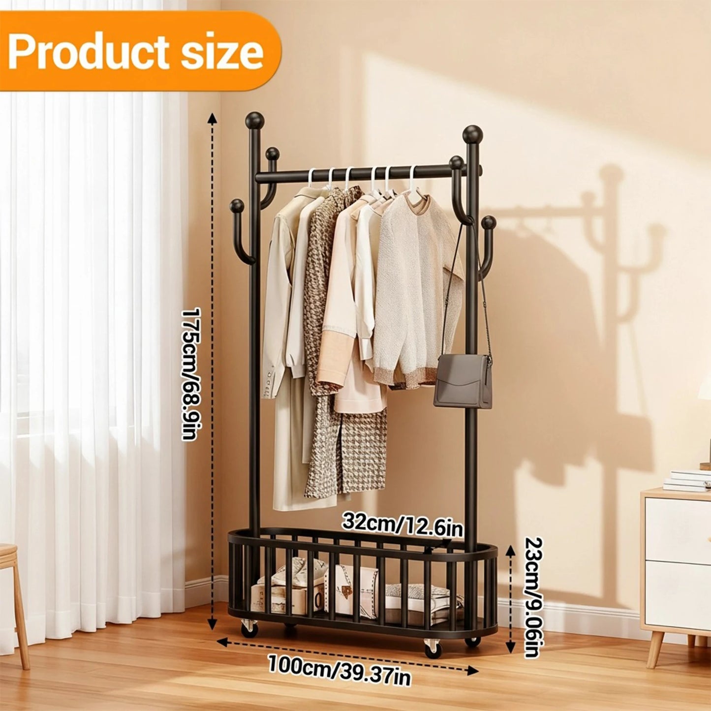 Clothes Rail Movable Clothes Hanging Coat Rack with Storage Basket for Hanging Clothes Coats Dresses for Bedroom Closet Laundry