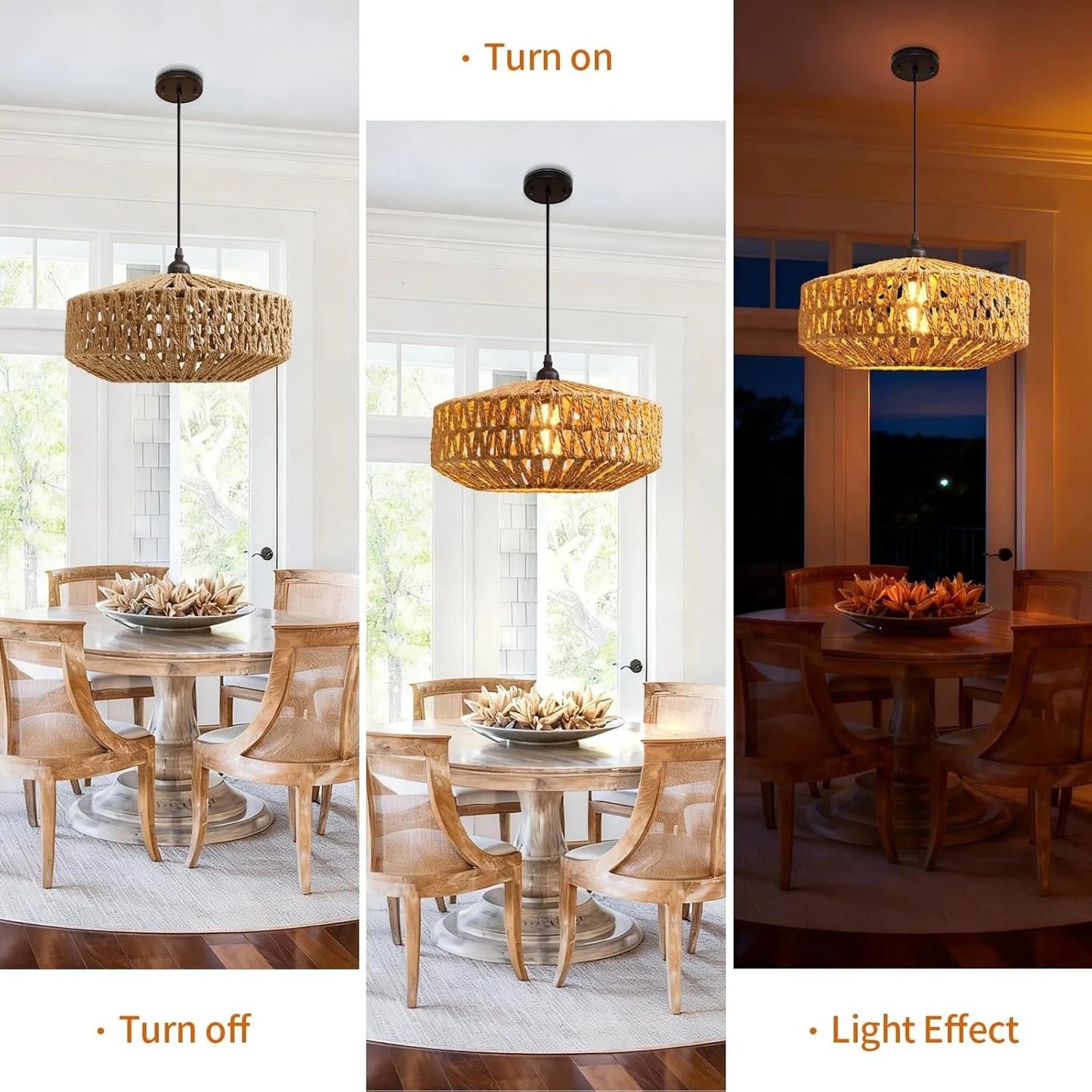 Natural Rattan Chandelier Small Paper Rope Pendant Light E26/E27 Ceiling Lamp Dining Living Room Bedroom Kitchen Island