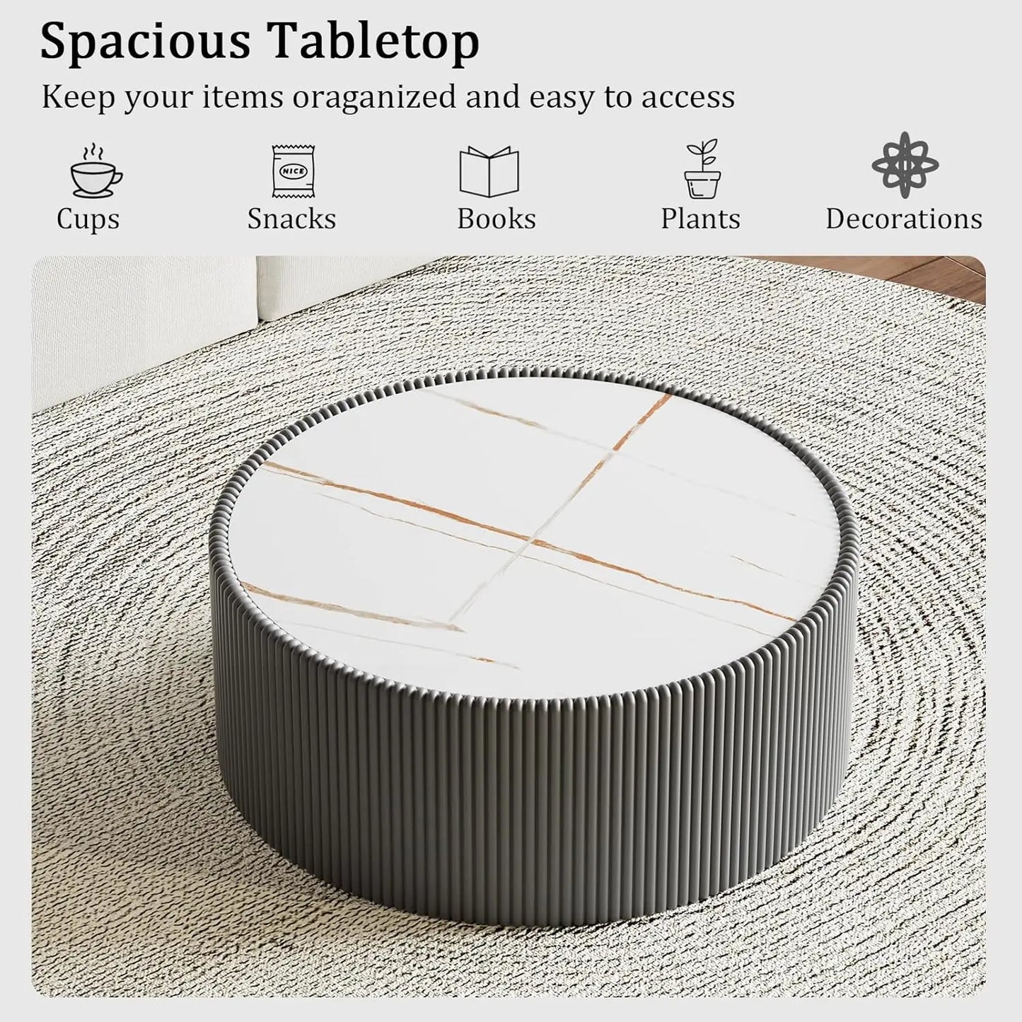 Round Grey 2-Piece Coffee Table Set 29.5in & 17.7in Sintered Stone Top Fluted PU Leather Base Living Room, Customized