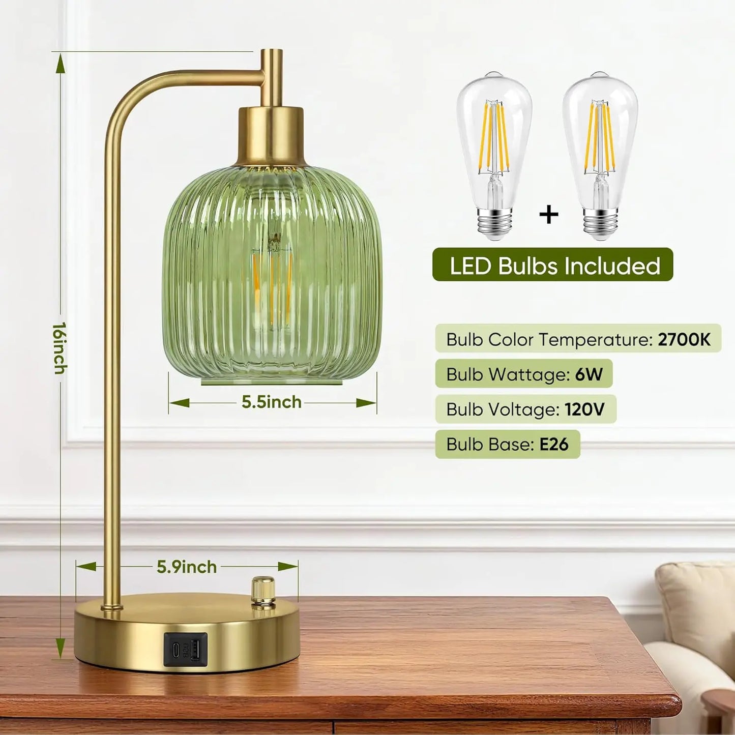 Industrial Table Lamp Set of 2, Green Glass Bedside Lamps with USB A&C Ports, Stepless Dimmable Gold Nightstand Lamps for Living