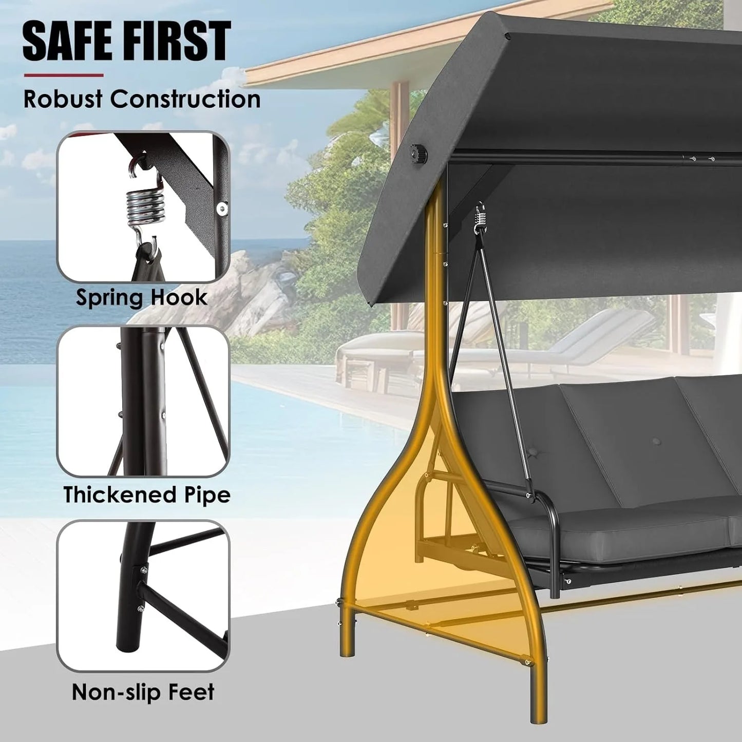3-Seat Patio Swing with Adjustable Canopy & Backrest, Outdoor Porch Swing Chair for Adults