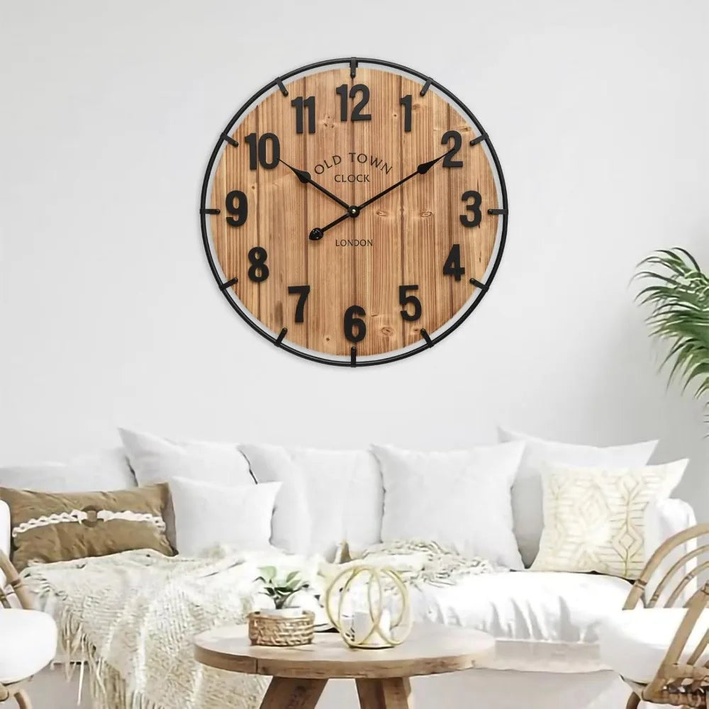 24 Inch Rustic Farmhouse Wall Clock, Silent Battery Operated, Large Numerals, Wood & Metal, for Living Room, Kitchen, Office