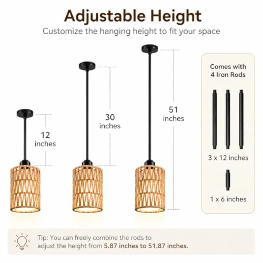 Rattan Pendant Light 6 Inch 2-in-1 Boho Hanging Fixture with Iron Rods and Linen Shade Adjustable Height and Sloped Ceiling Com