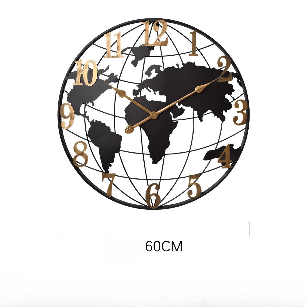 60/75/90cm Large Map Wall Clock Metal Minimalist Clock Round Silent Non-Ticking Battery Operated Wall Clocks for Living Room