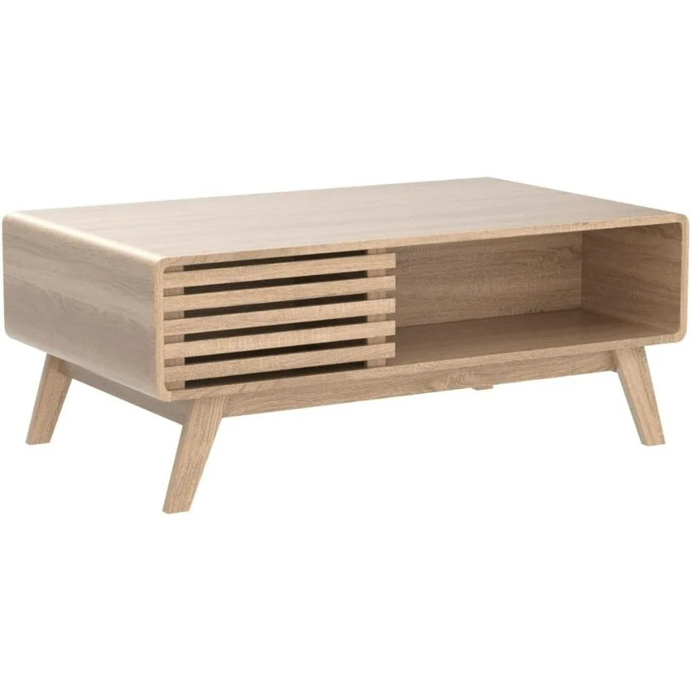 mopio Ensley Coffee Table with Storage, Mid Century Modern, Farmhouse Wood Coffee Table for Living Room Fluted (Oak)