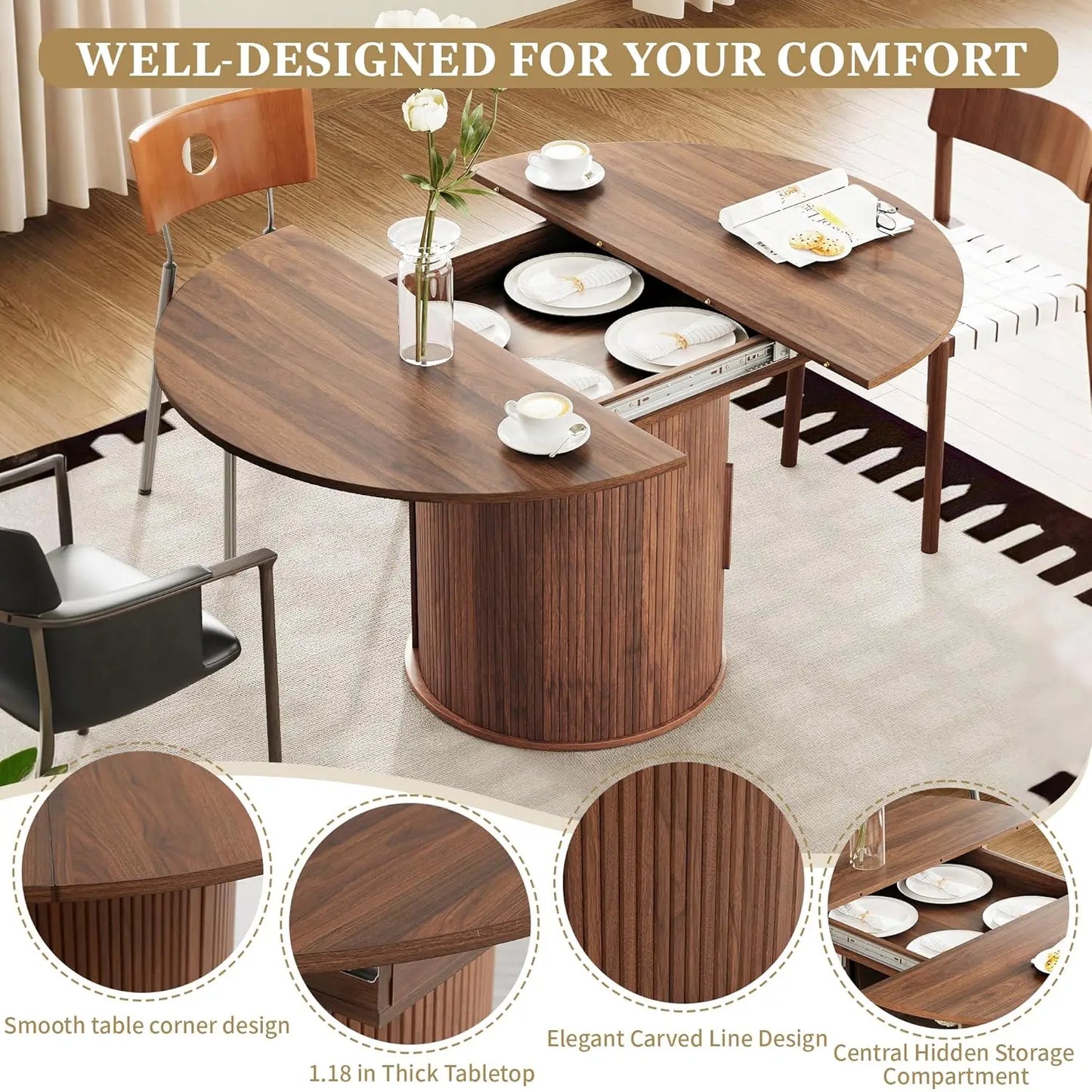 43"-59" Extendable Round to Oval Dining Table with Hidden Storage, Modern Wooden Kitchen Table with Fluted Sliding Door, Custom