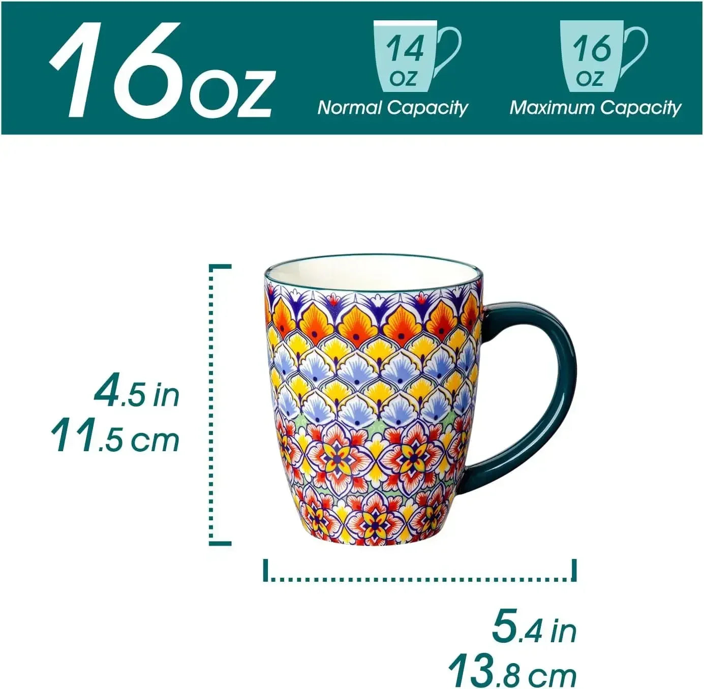 16 oz Coffee Mugs Set of 6, Large Ceramic Mug with Handle, Boho Coffee Cups for Latte, Cappuccino & Hot Chocolate, Dishwasher &
