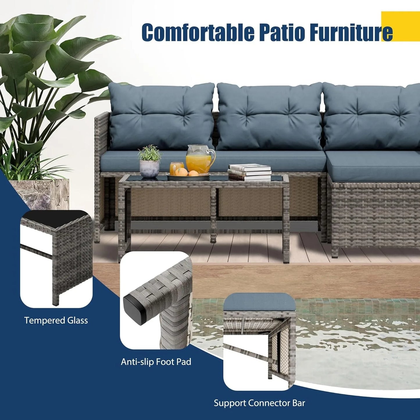 3 Piece All Weather Wicker Patio Conversation Set with Cushions and Glass Table Blue
