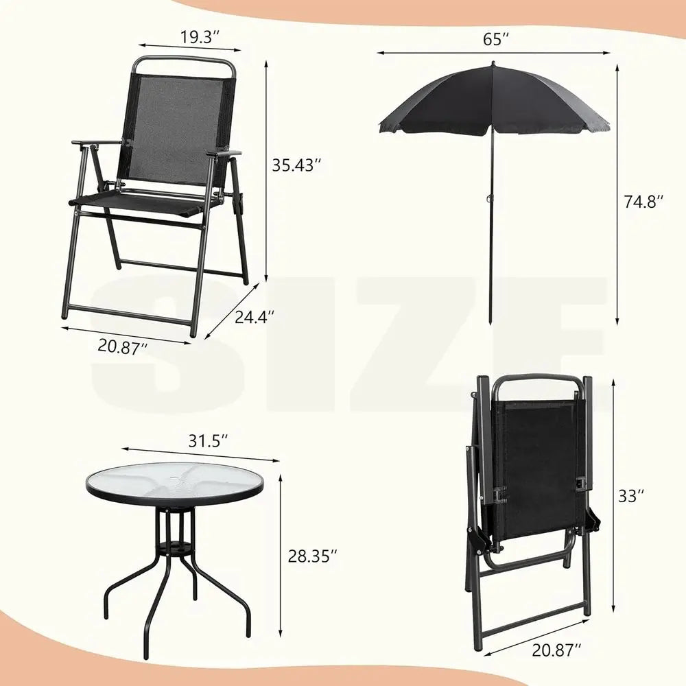 6 Piece olding Patio Dining Set,Small Metal Outdoor Garden Patio Table and Chair Set w/Umbrella or Lawn,Deck,Backyard,Black