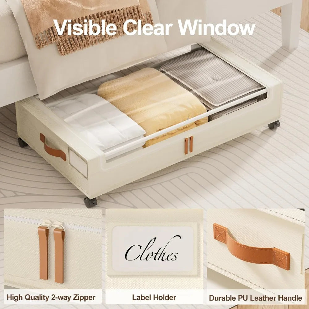 2 Pack Under Bed Storage with Wheels, 60L Clear Lid Bins, Rolling Metal Drawers for Clothes, Blankets, Shoes, Beige