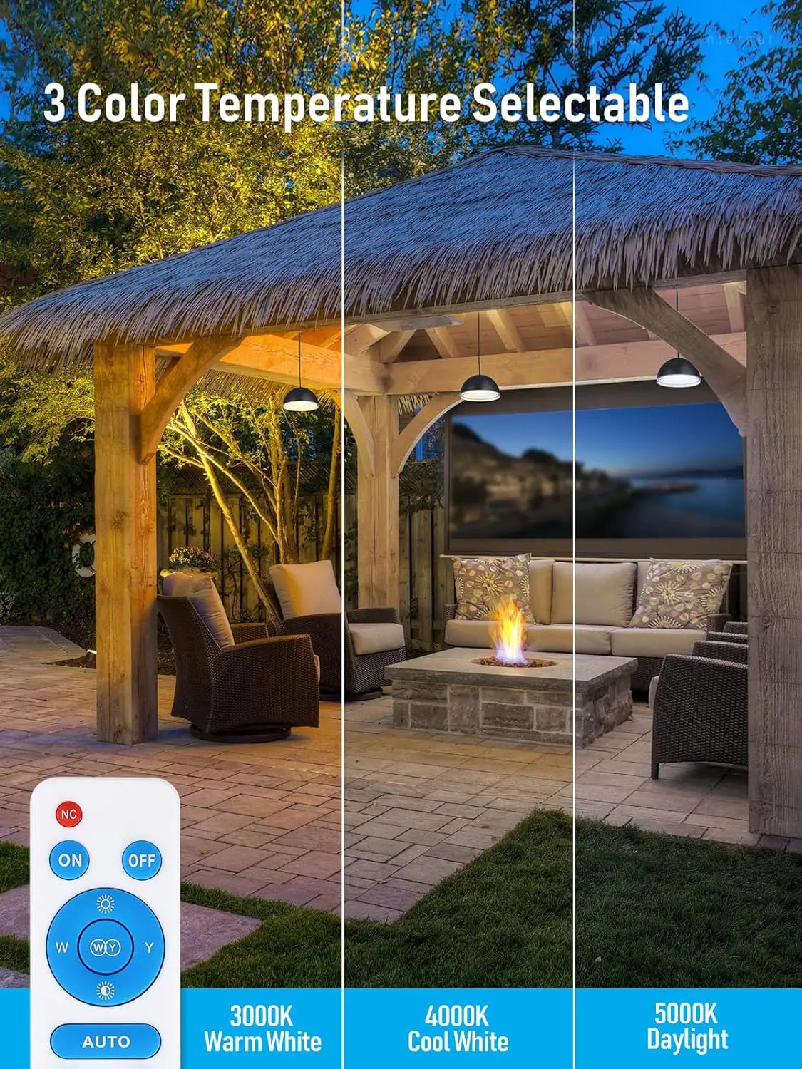 3CCT Solar Powered Pendant Light Outdoor, 50%/100% Dimmable, Dusk to Dawn, 6 Modes, Solar Hanging Lights with Remote