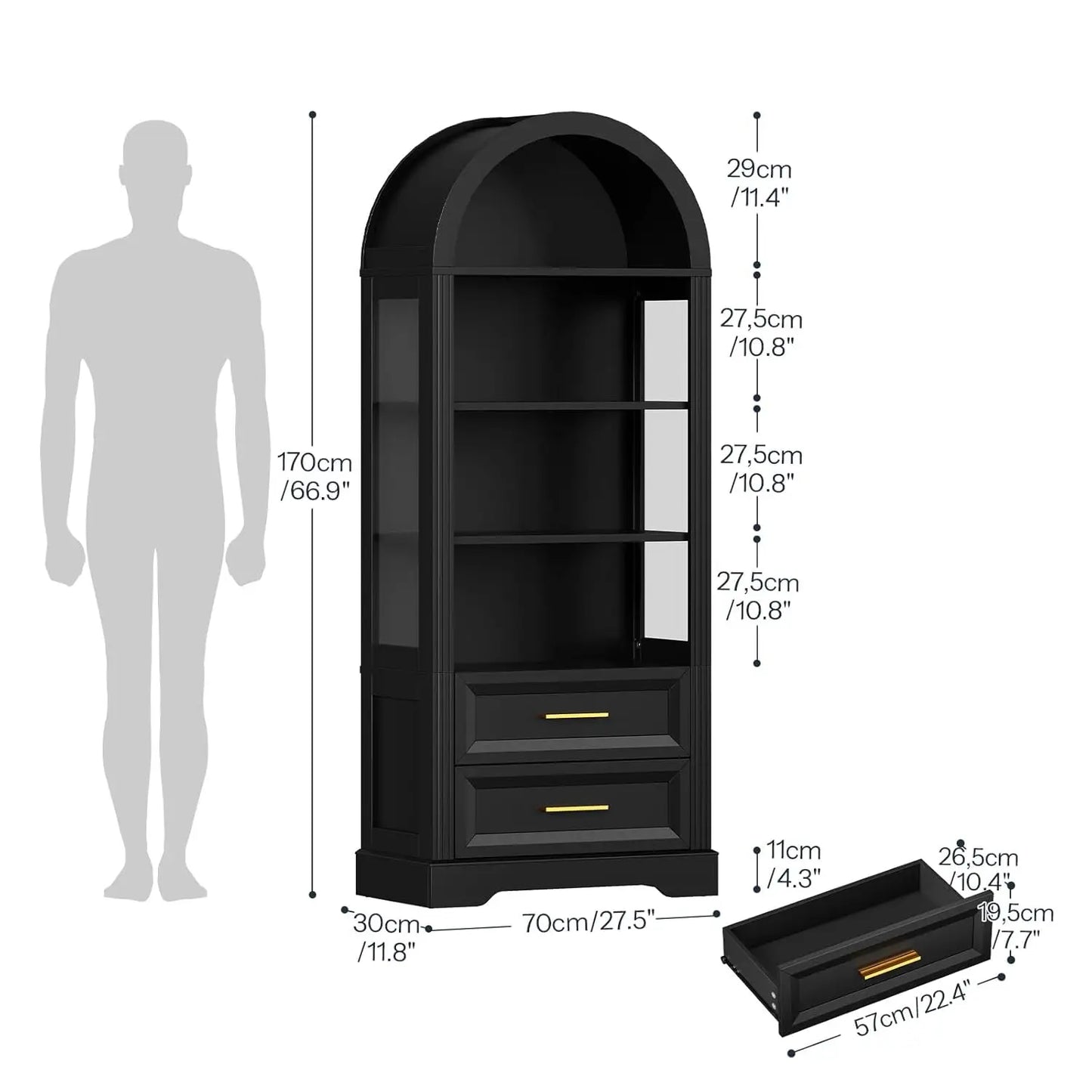 66.9" Tall Arched Bookcase, Wooden Display Cabinet with Lights, Farmhouse Arched Bookshelf with 2 Drawers, Open, Customized