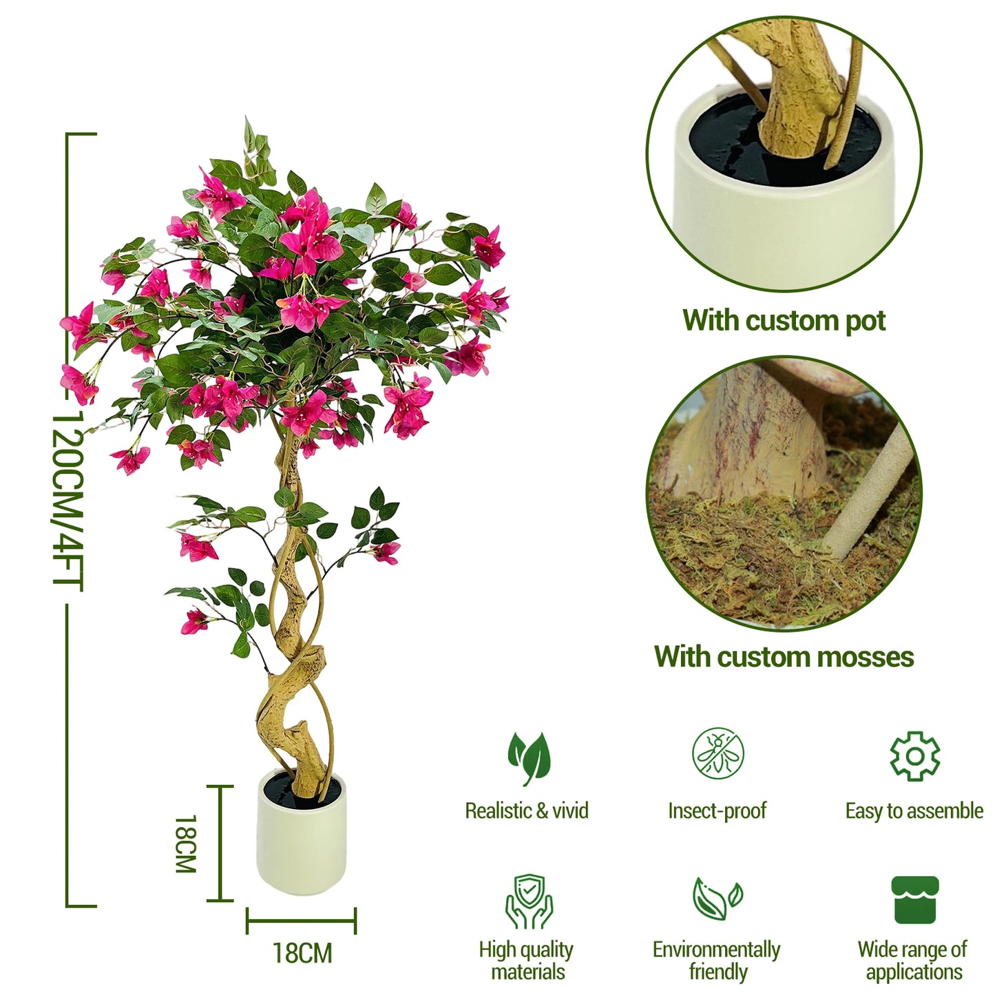 120cm Artificial Bougainvillea Tree, Red in White Pot, Realistic Artificial Flowers for Indoor and Outdoor Use, Large Artificial