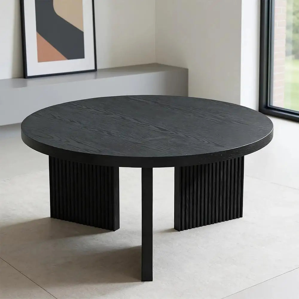 Round Wooden Coffee Table, 35 Thick Top, X-Leg Design, Low Circle Accent Table for Living Room, Office, Black
