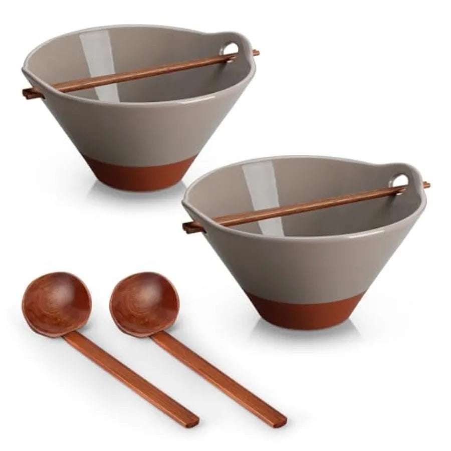 42 oz Ceramic Ramen Bowl Set with Wooden Spoon and Chopsticks Japanese Style Soup Bowls for Ramen Pho Noodles Set of 2 Microwav