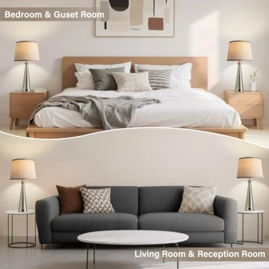 Modern Table Lamps Set of 2 - Touch Bedside Lamp for Nightstand with Dual USB C+A3-Way Dimmable Silver Nightstand Lamps for Liv