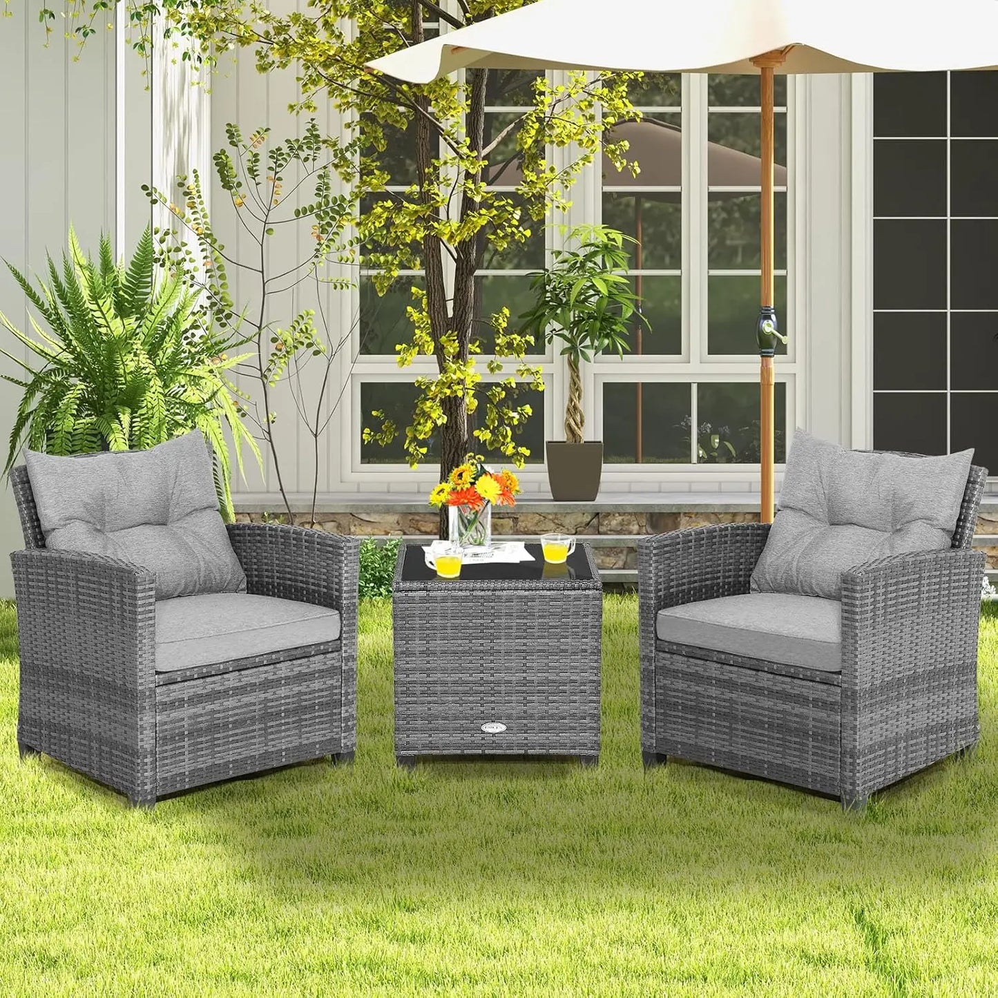 3 Pieces Patio Furniture Set, Outdoor PE Rattan Conversation Chair Set with Tempered Glass Side Table, Customized