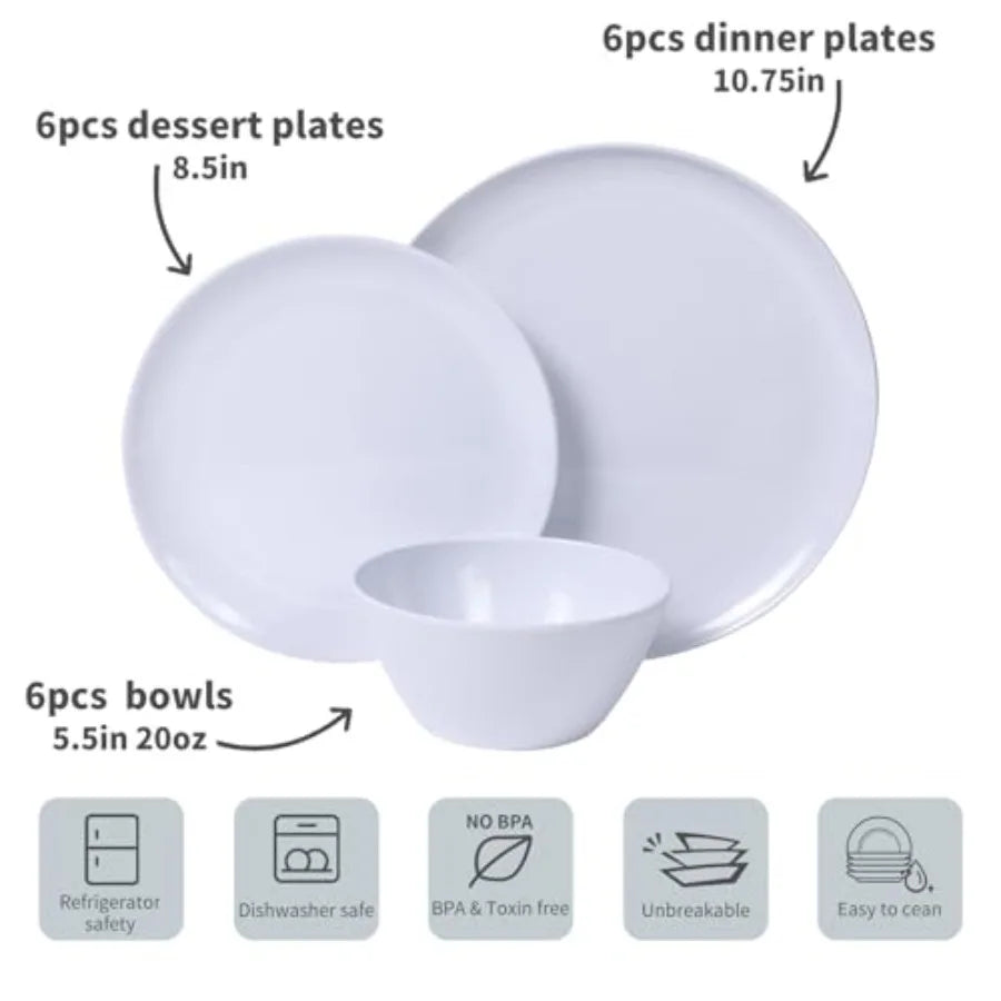 Melamine Dinnerware Sets18-piece Melamine Plates and Bowls Set Unbreakable Dishes Set for 6 Dishwasher Safe Indoor and Outdoor