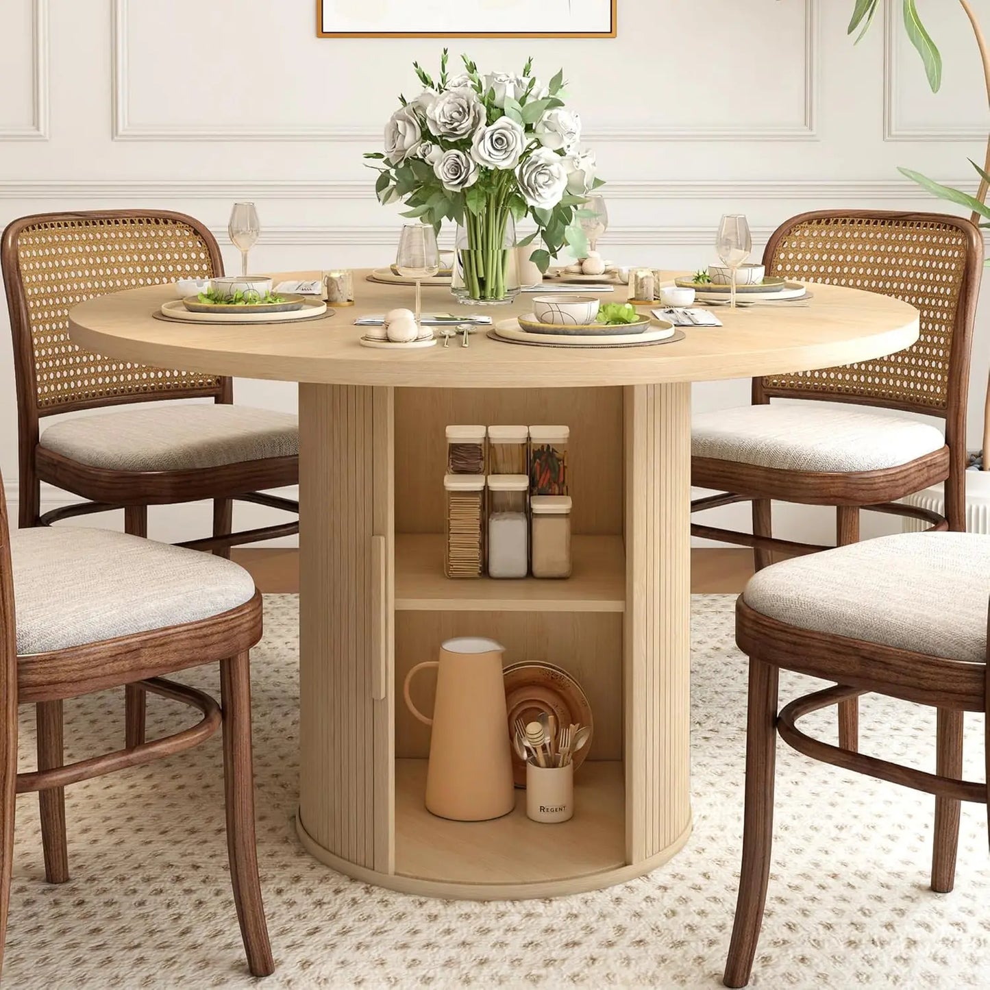 43"-59" Extendable Round to Oval Dining Table with Hidden Storage, Modern Wooden Kitchen Table with Fluted Sliding Door, Custom