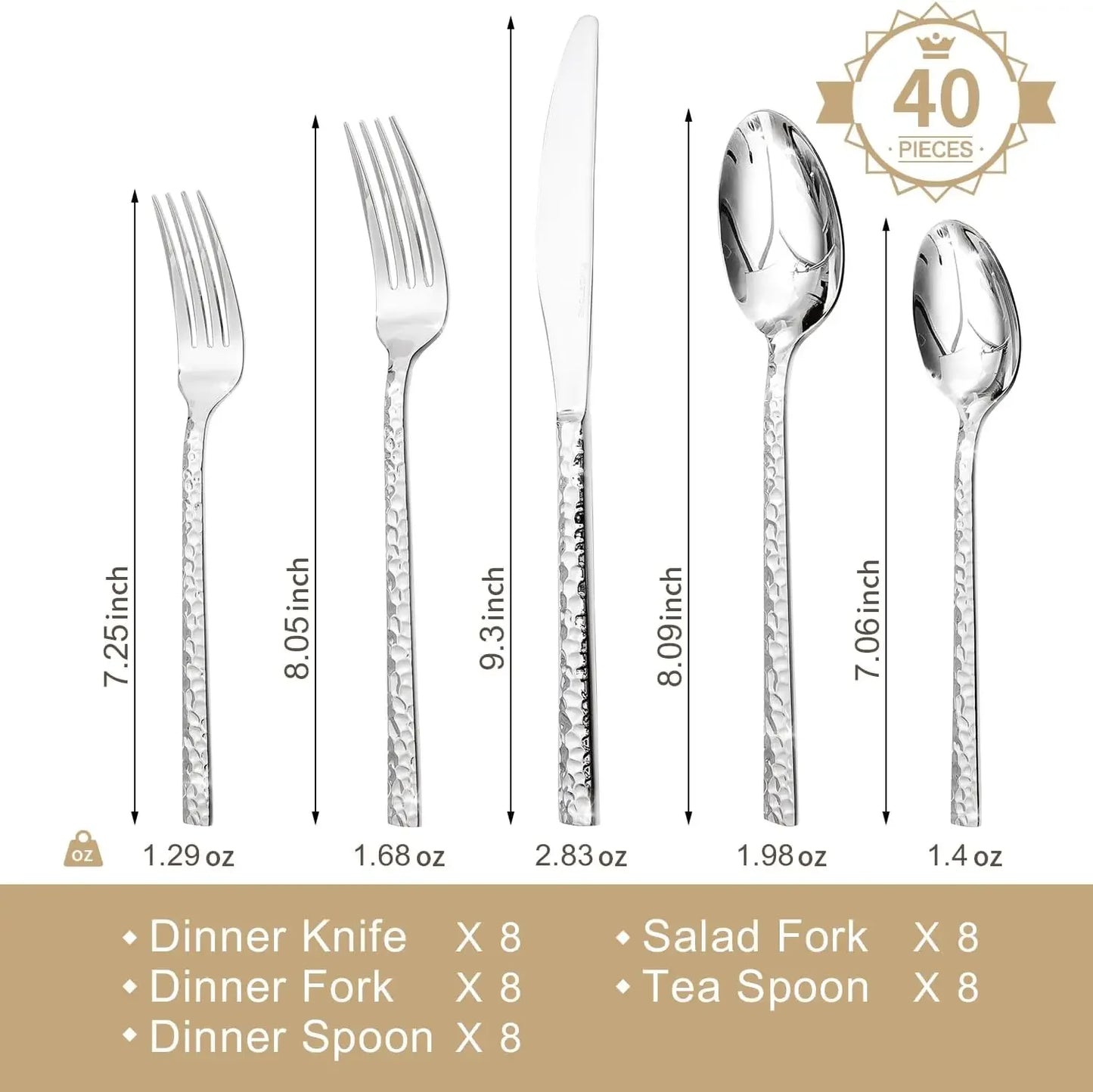 KINGSTONE 40 Piece Hammered Silverware Set, 18/10 Stainless Steel Flatware Set for 8, Cutlery Set for Home, Party,