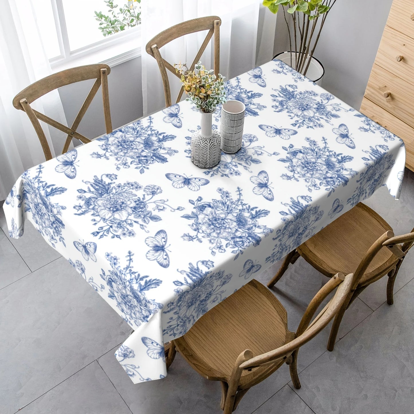 Tablecloth Multi Sizes Farmhouse Blue White Floral Butterfly Print Polyester Fabric Machine Washable Spillproof Dustproof Wrinkle Resistant Rectangular Table Cover for Kitchen Dining Wedding Picnic Party Patio Indoor Outdoor