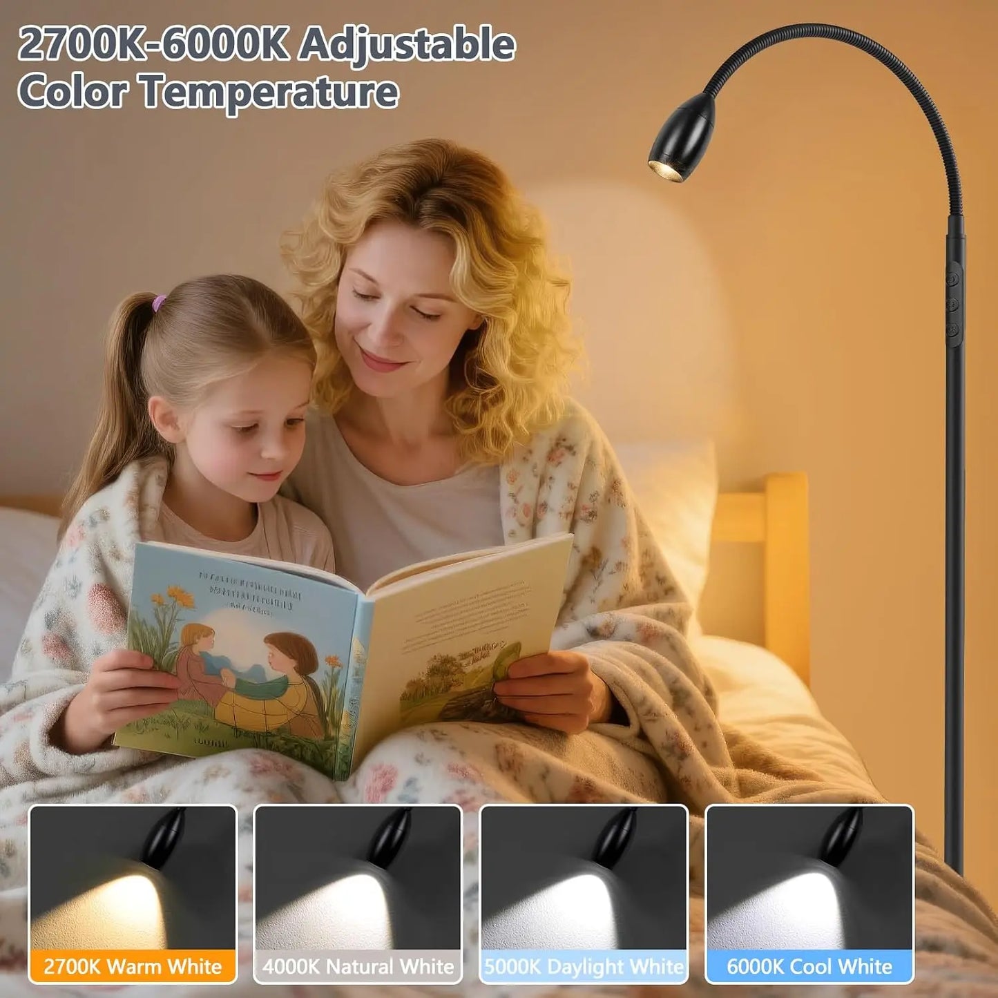 72" LED Floor Lamp with Flexible Gooseneck, Dimmable & Zoomable, Touch & Remote Control, 2700K-6000K, Matte Black