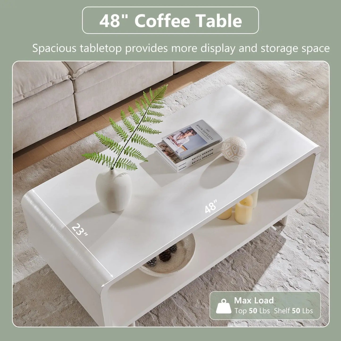48" Modern Coffee Table, 2-Tier Minimalist Center Table with Storage Shelf, Curved Profile Design, Wooden, Customized