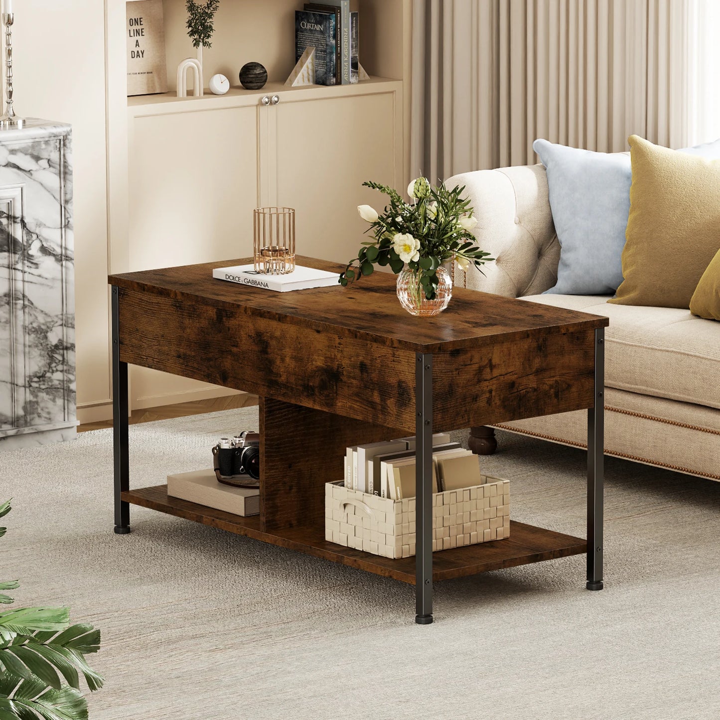 MCQ 39IN Lift Top Coffee Table with Storage For Living Room Wood Adjustable 2 Shelves Easy Lift Or Lower For Tea Dining Tables
