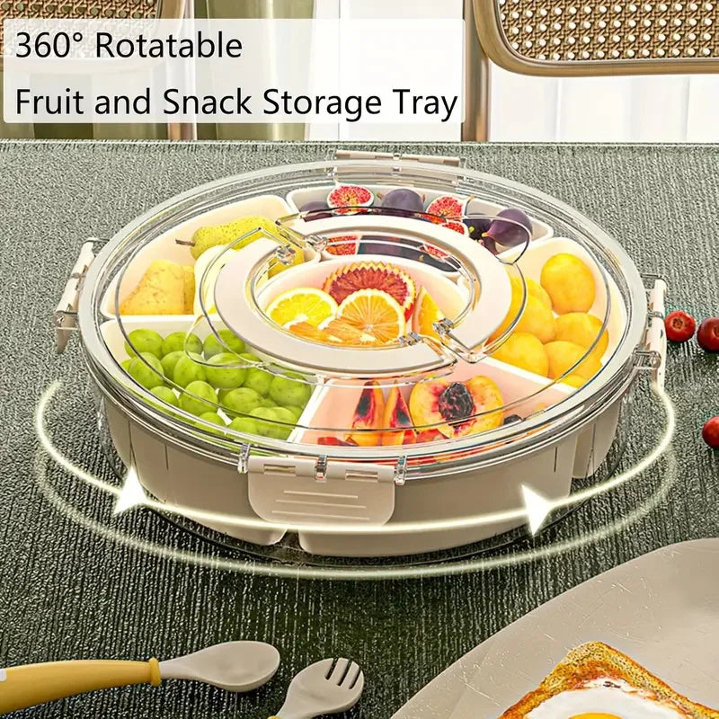 Rotating Divided Serving Tray With Lid Handle Clear Snack Container For Fruit Veggie Charcuterie Desktop Party Storage Holder