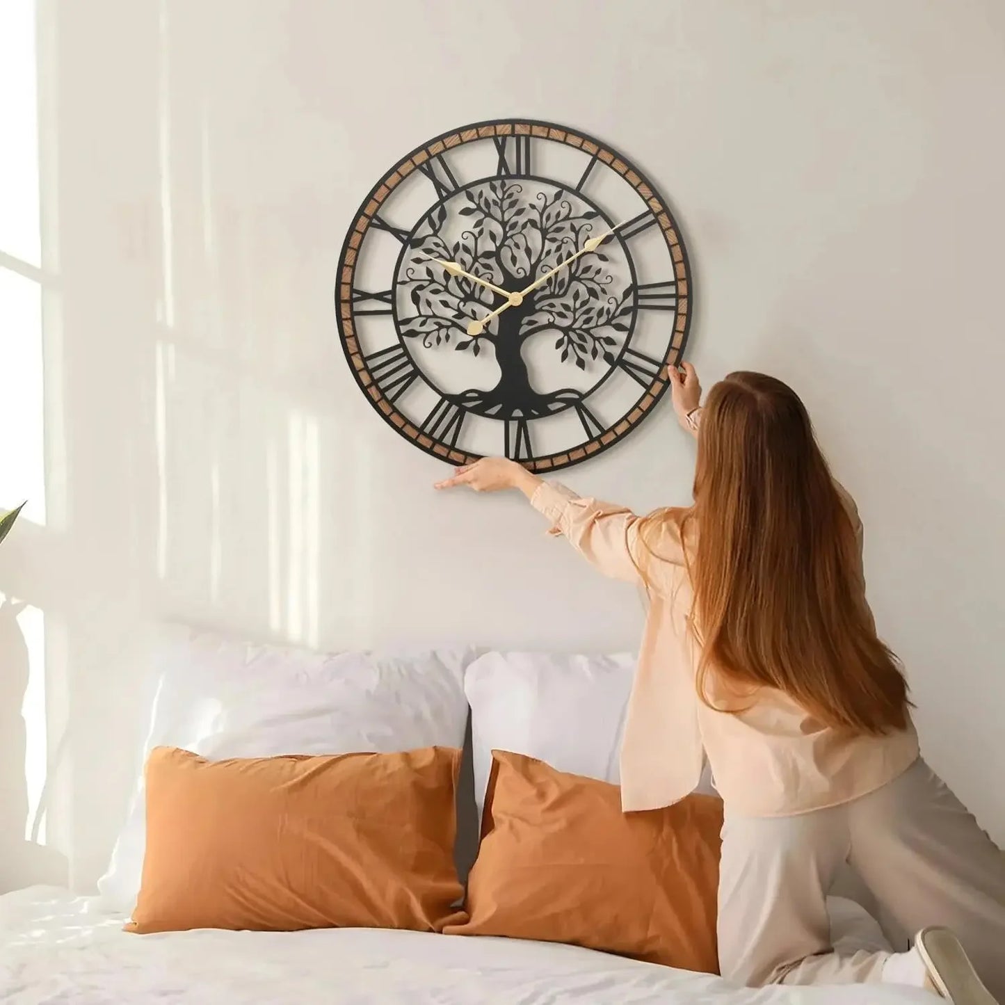 Activity priceRustic Large Wall Clock: 27Inch Farmhouse Tree of Life Metal with Wood Frame - Vintage Battery Operated Wall Clock