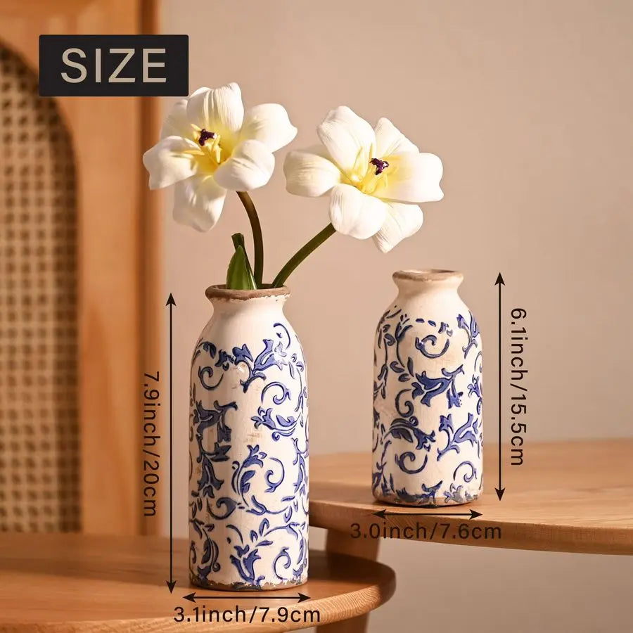 Blue and White Ceramic Vases Home Decor, Farmhouse Vase for Flowers, Flower Vase Set of 2, Rustic Decorative Vases for Pampas Gr
