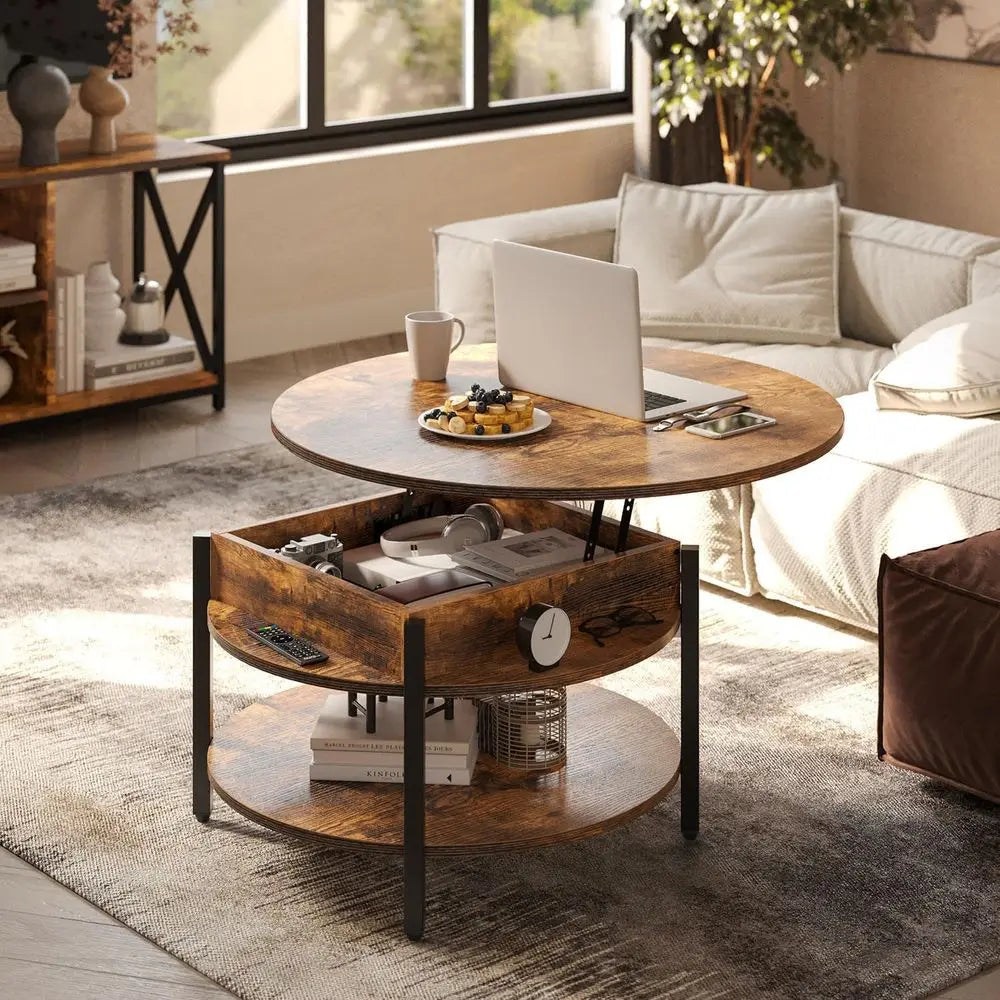 Round Lift Top Coffee Table with Storage and Hidden Compartment, 26.77'' Farmhouse Coffee Table for Living Room Reception Room,