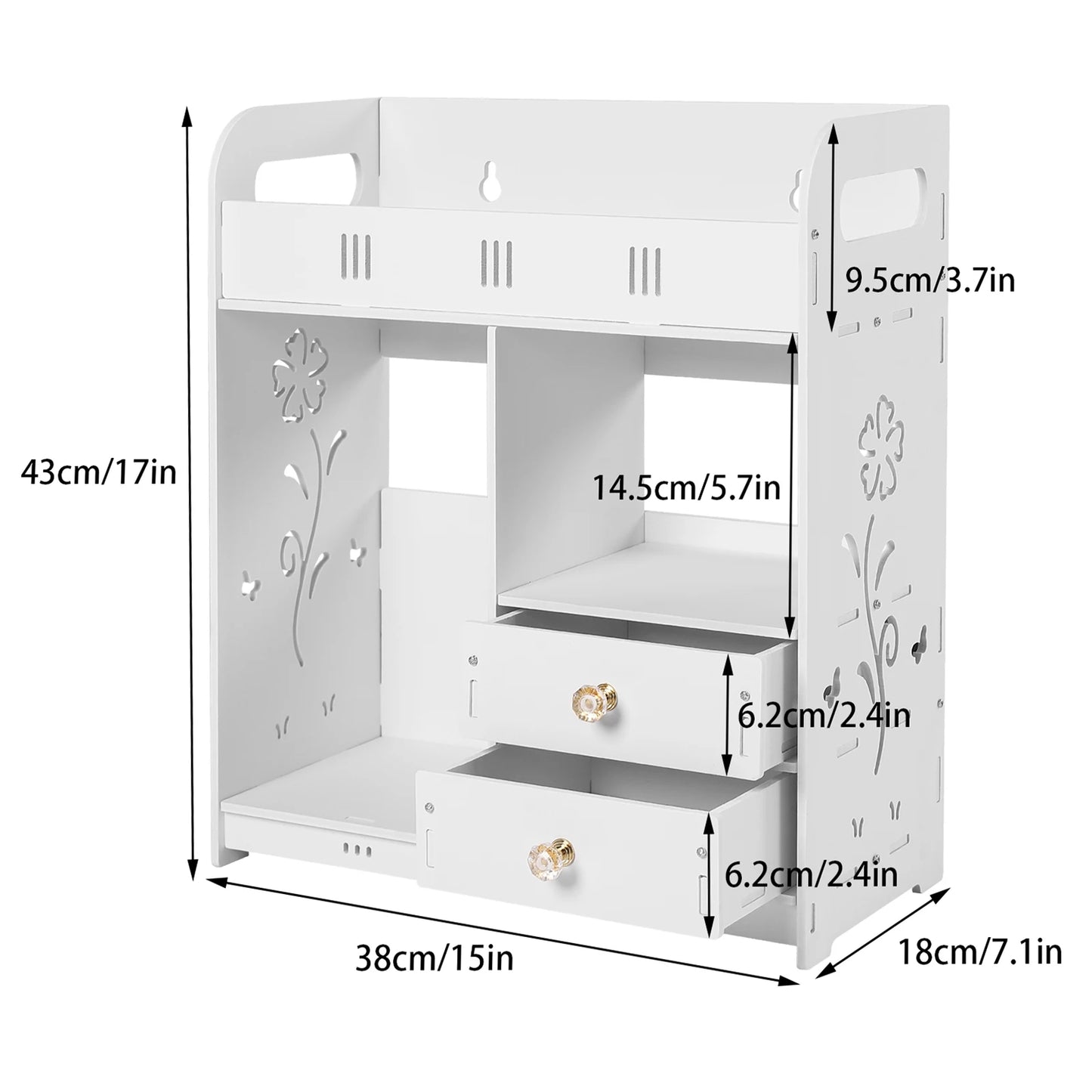 Wall Cabinet for Bathroom, White Space Saving Wall-Mounted Storage, 2 Drawers, 2 Closed Compartments, Top Shelf Organizer