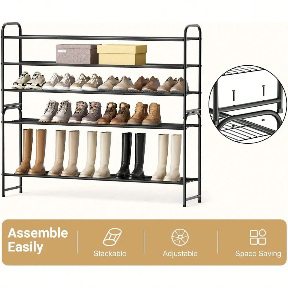 3-Tier Long Shoe Rack For Closet Entryway, Wide Metal Shoe Organizer, Stackable Storage Shelf With Sturdy Wire Grid For Bedroom