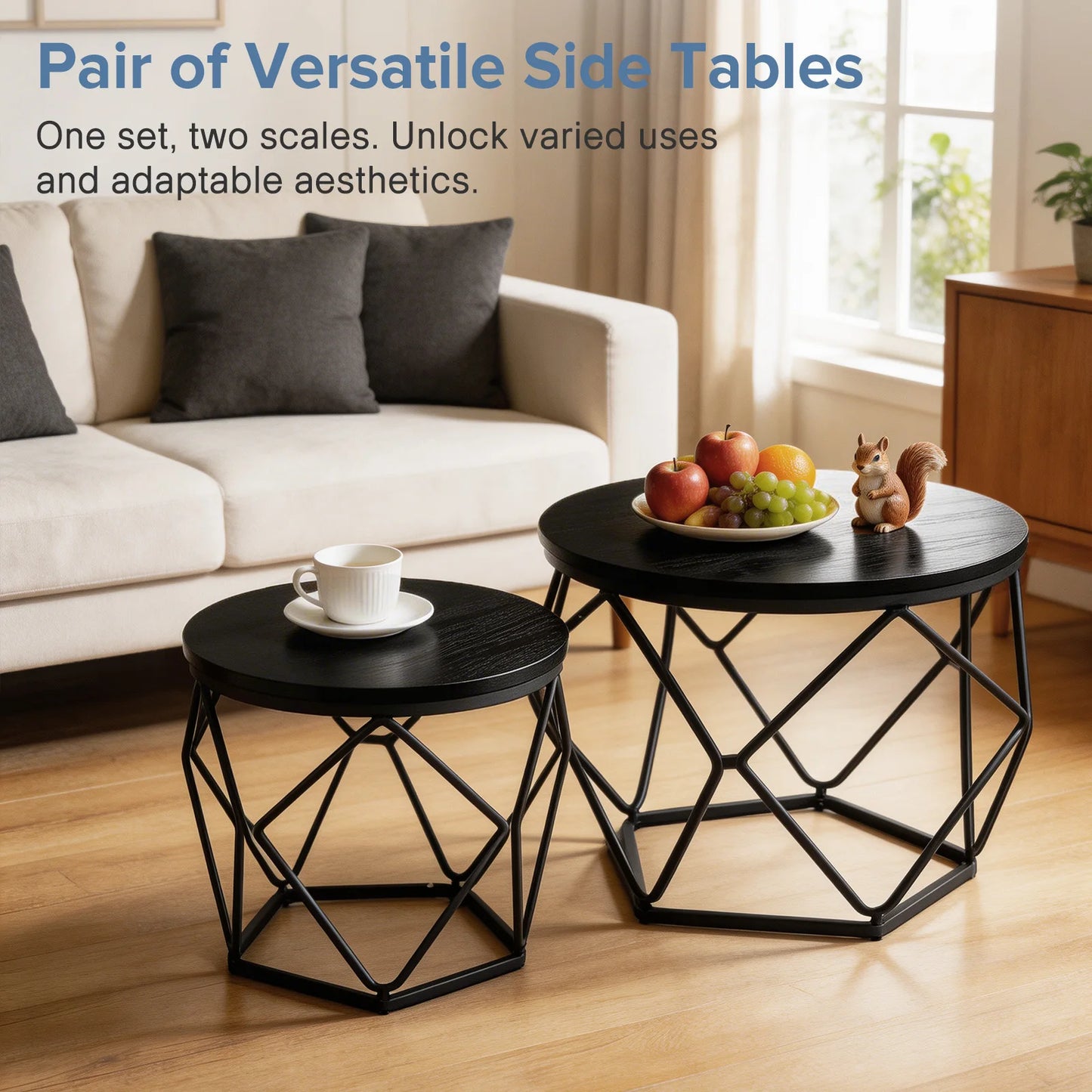 20IN Round Geometric Coffee Table Set of 2 Movable End Tables for Living Room Nesting Side Tables with Hidden Storage