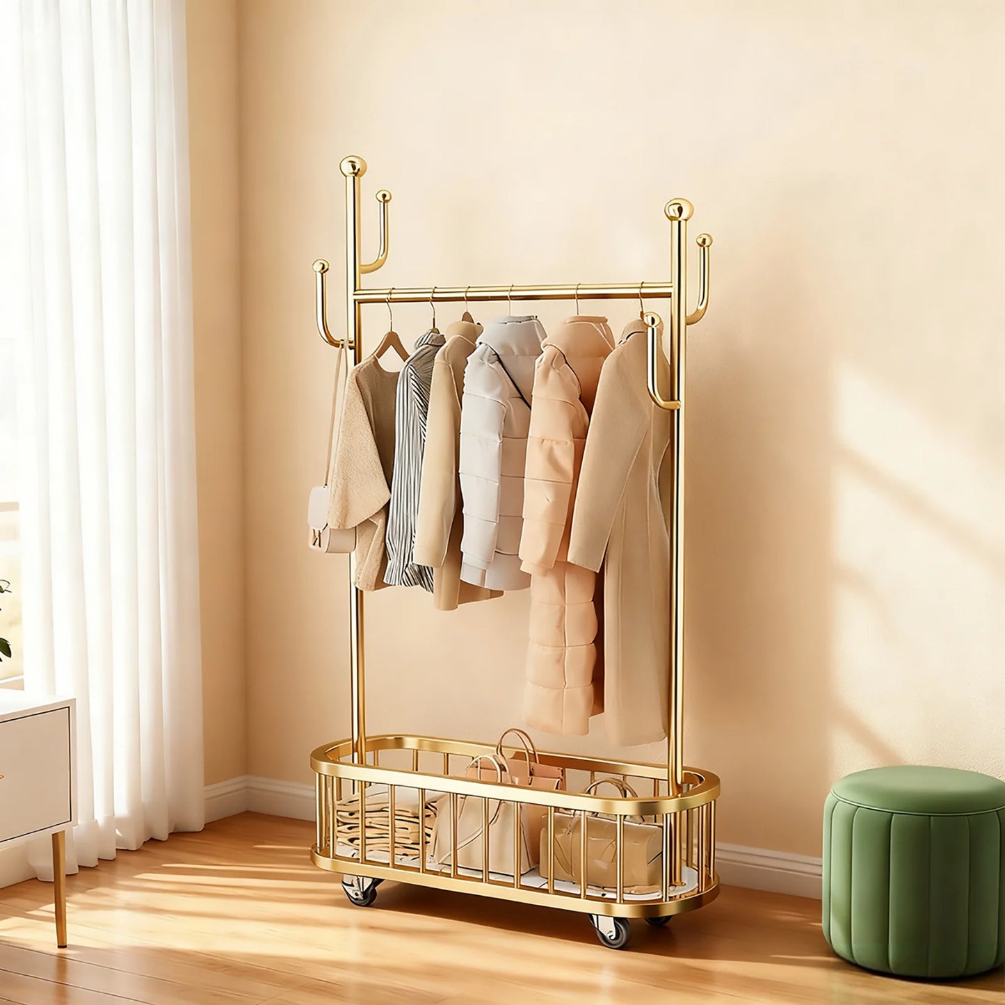 Clothes Rail Movable Clothes Hanging Coat Rack with Storage Basket for Hanging Clothes Coats Dresses for Bedroom Closet Laundry