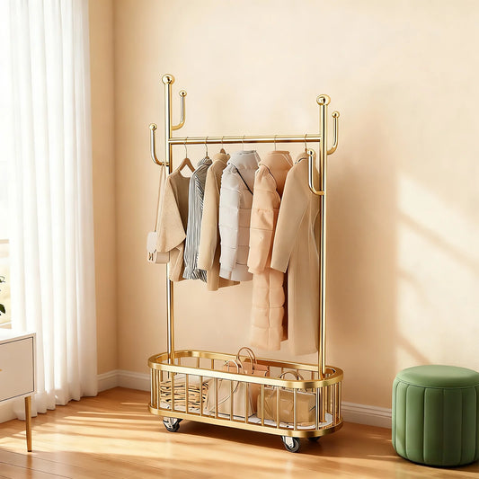 Clothes Rail Movable Clothes Hanging Coat Rack with Storage Basket for Hanging Clothes Coats Dresses for Bedroom Closet Laundry