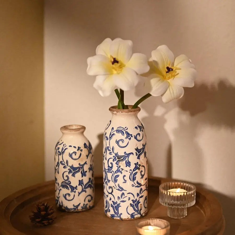 Blue and White Ceramic Vases Home Decor, Farmhouse Vase for Flowers, Flower Vase Set of 2, Rustic Decorative Vases for Pampas Gr