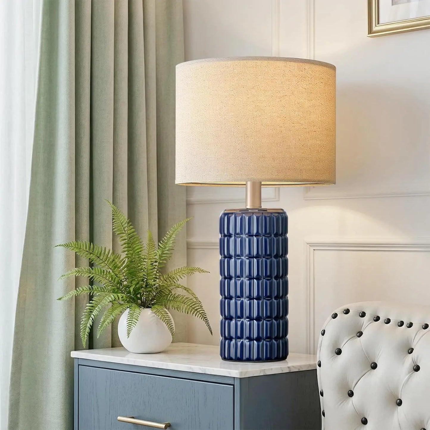 23" Modern Ceramic Table Lamps Set of 2 - Farmhouse Bedside Nightstand Lamps for Living Room with Linen Shade, White Boho Desk