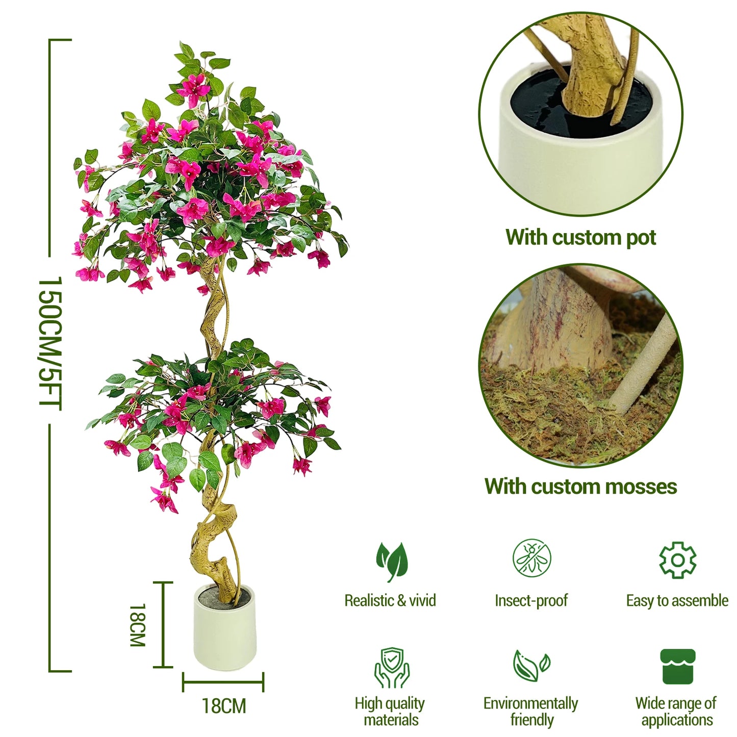 120cm Artificial Bougainvillea Tree, Red in White Pot, Realistic Artificial Flowers for Indoor and Outdoor Use, Large Artificial