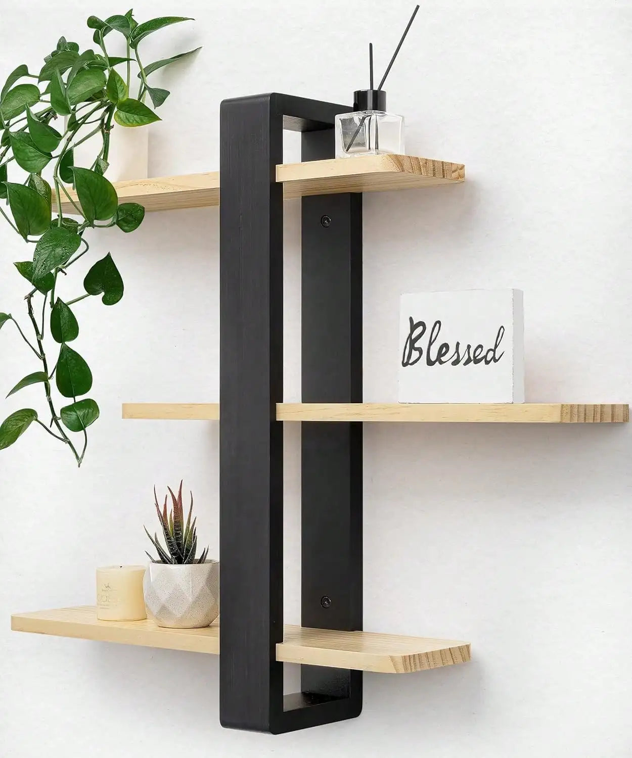 Mid-Century Modern Floating Shelves Set - 3-Tier Walnut Finish Large Wall Shelf, 20in Plant & Photo Display Storage For Living