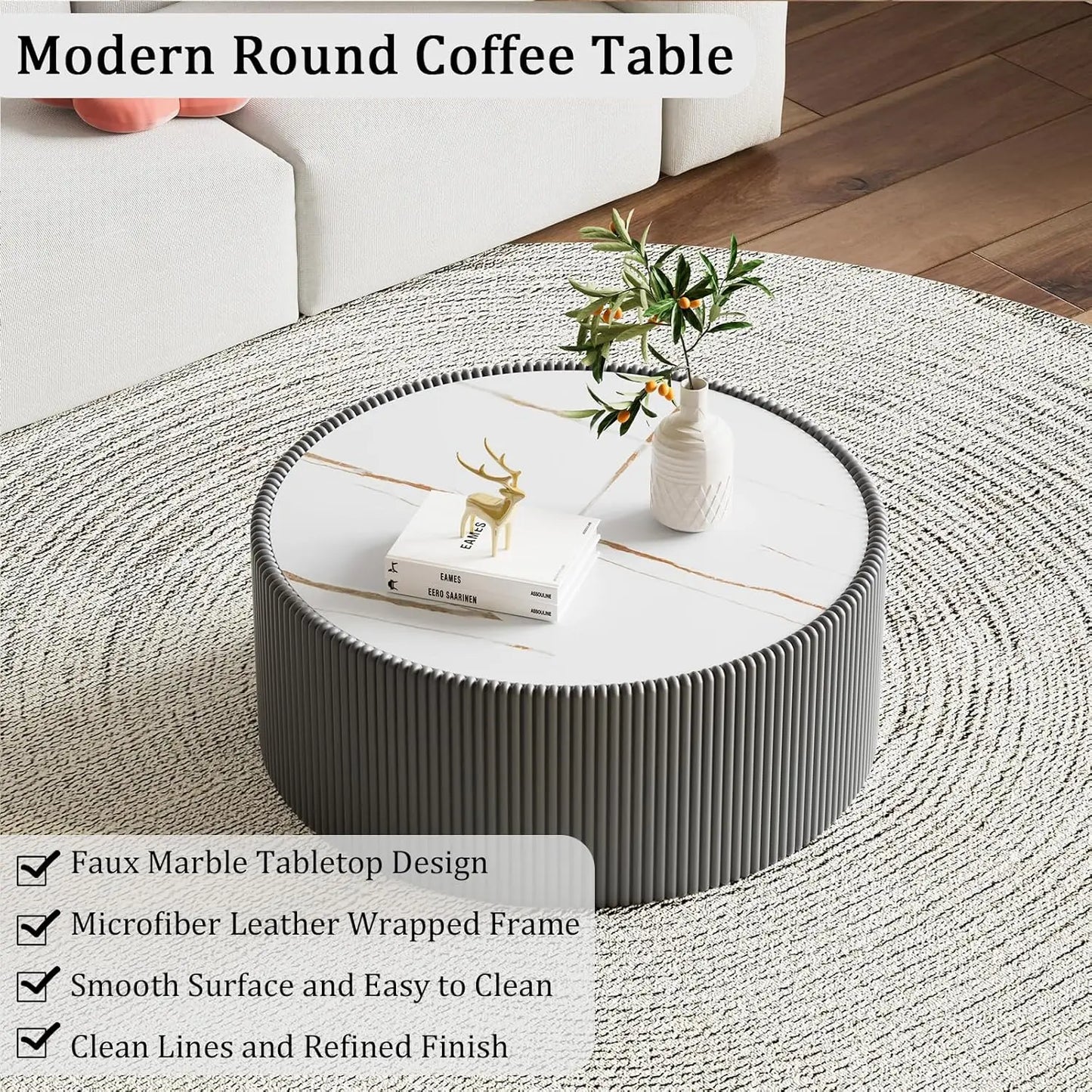 Round Grey 2-Piece Coffee Table Set 29.5in & 17.7in Sintered Stone Top Fluted PU Leather Base Living Room, Customized